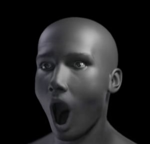 Gray 3D render of a bald head with a wide-open 'oh' mouth of surprise