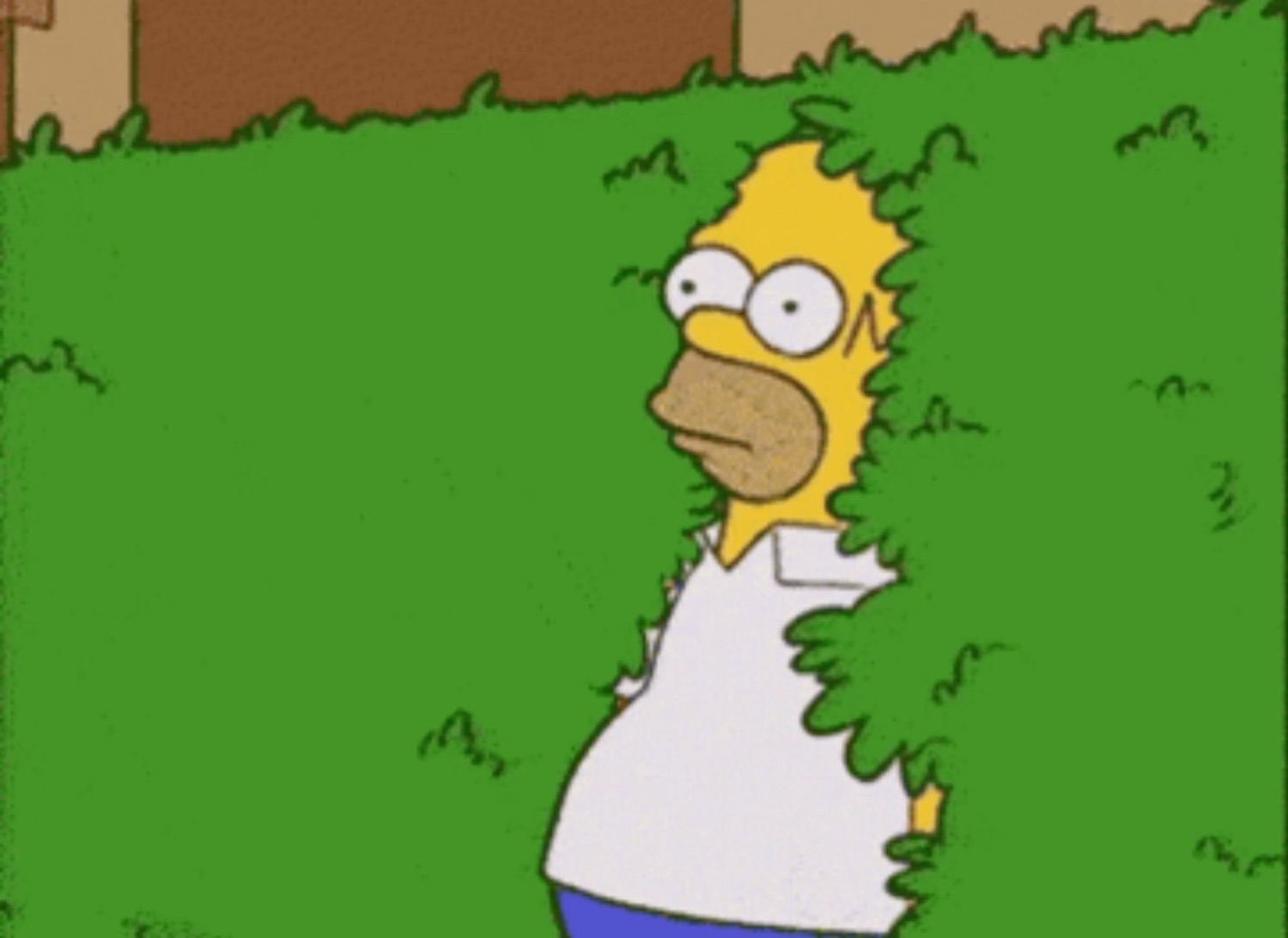 Homer Simpson backing awkwardly into a hedge