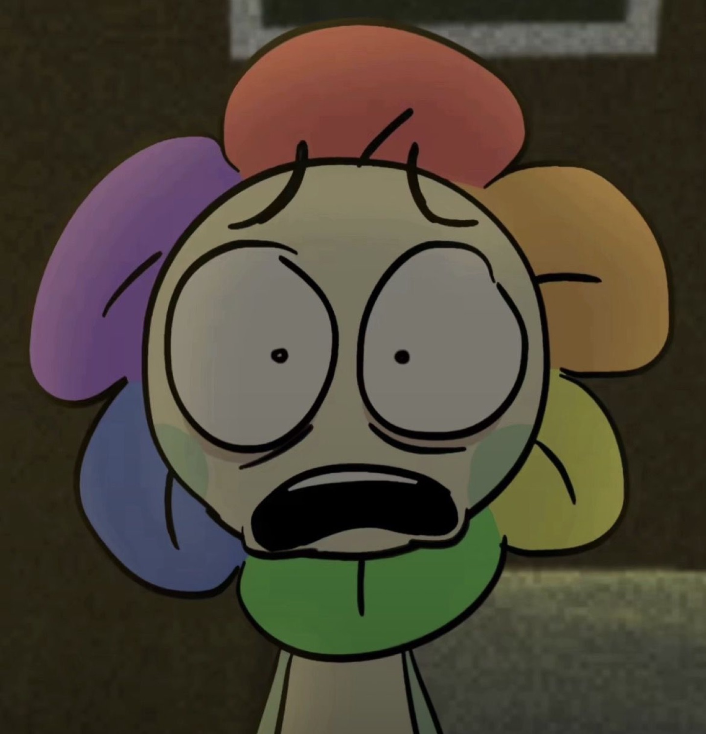 Cartoon flower creature with huge terrified eyes and a wide-open frightened mouth