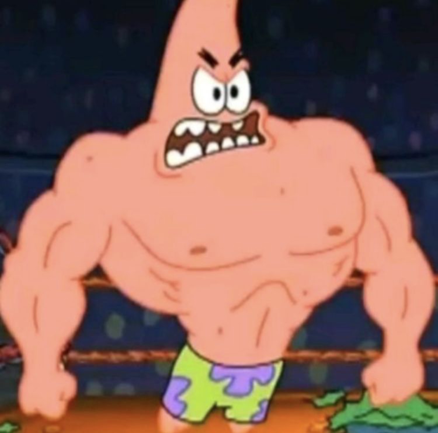 Buff Patrick Star flexing with a furious scowl