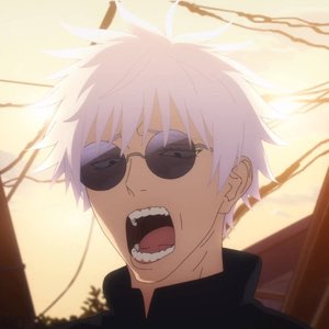 White-haired anime guy in round sunglasses yelling with his mouth wide open at sunset