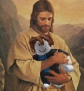 Painting of Jesus cradling a Roblox noob