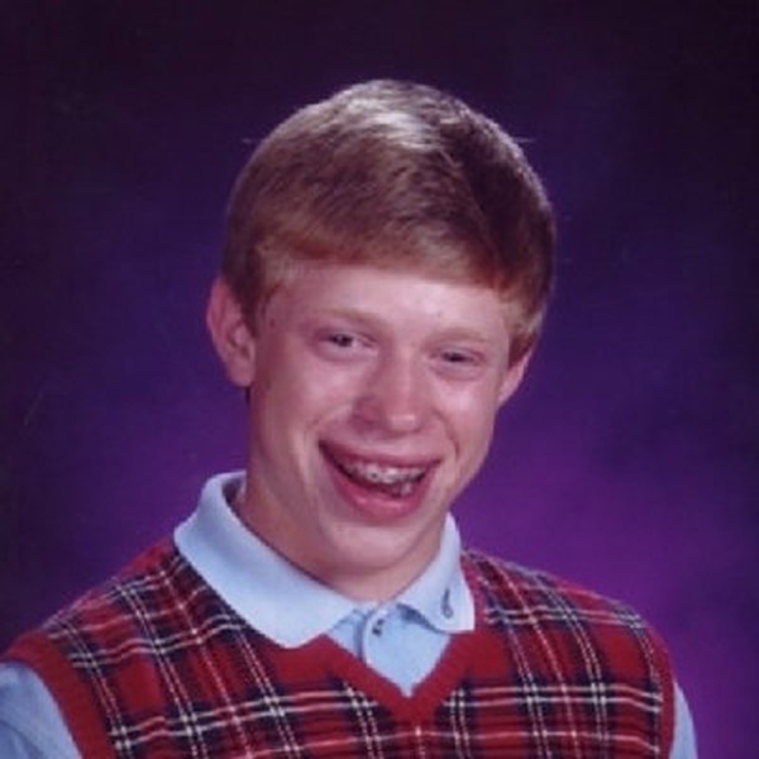 Bad Luck Brian's yearbook photo, grinning awkwardly with braces and a plaid vest