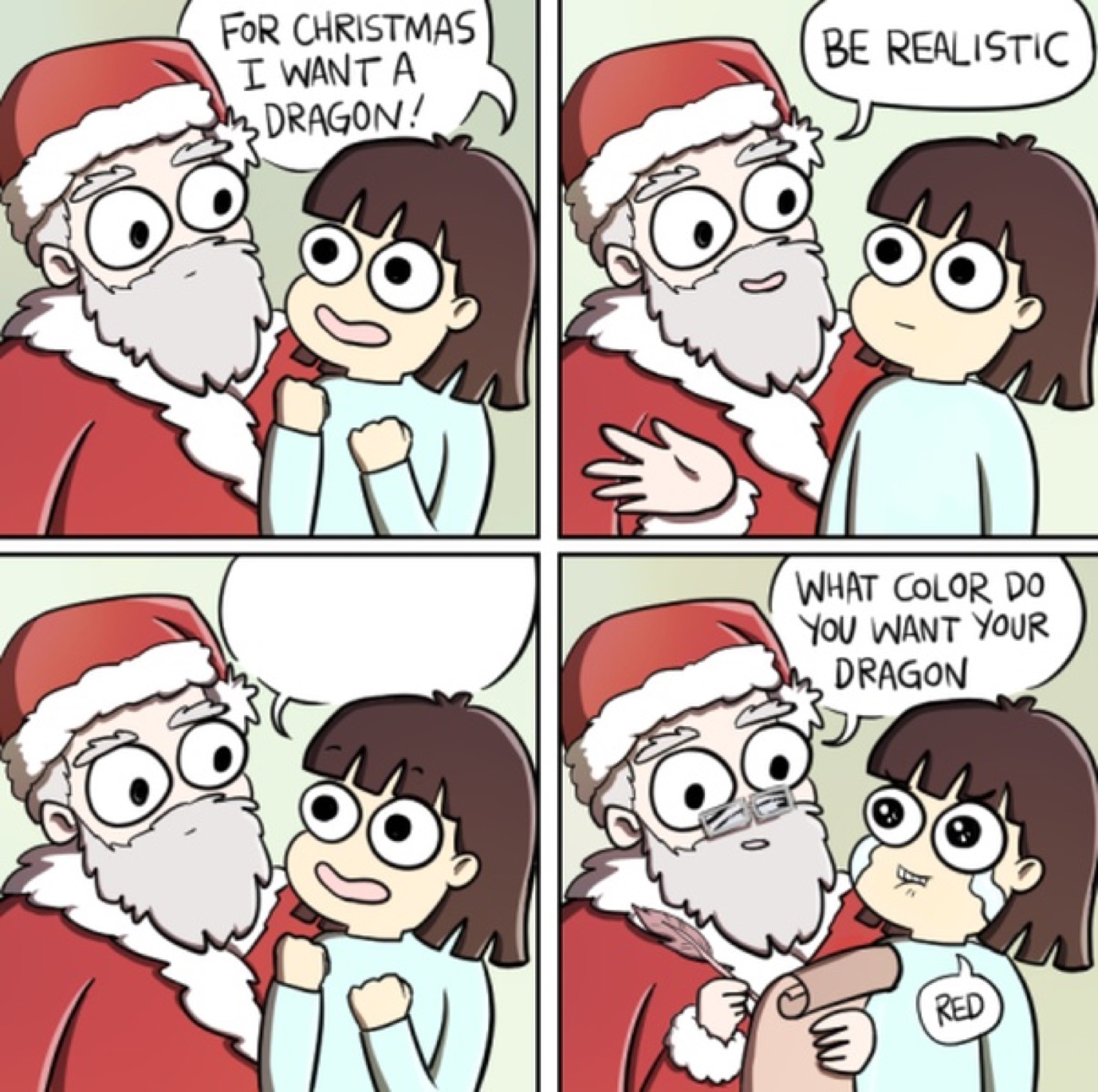 Four-panel comic of a girl asking Santa for a dragon and Santa deadpan asking what color