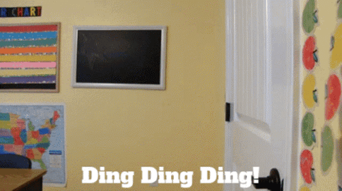 Monkey puppet bursting through a classroom door, "Ding ding ding!"