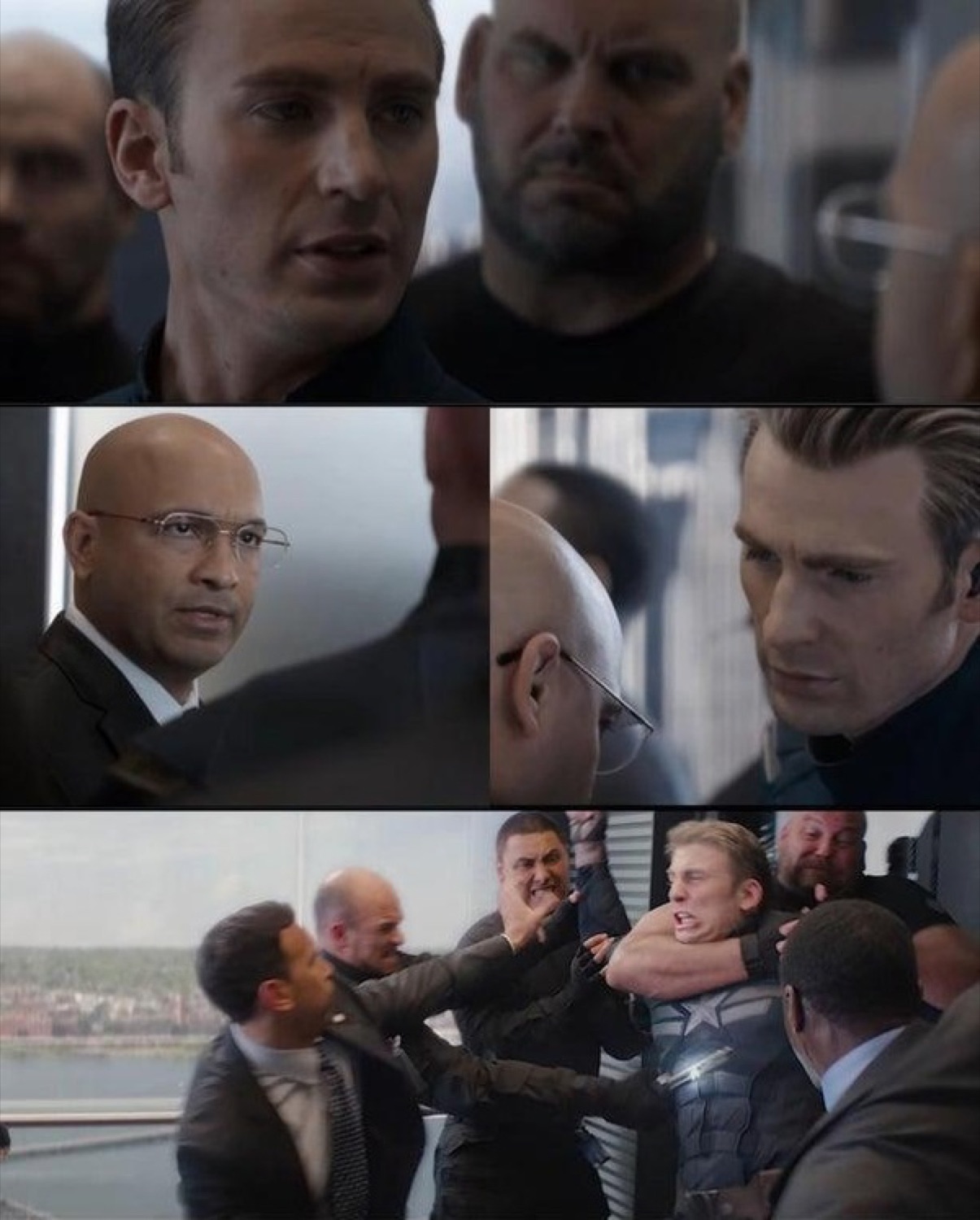 Elevator fight scene comic laid out in panels as Captain America is grabbed by a crowd