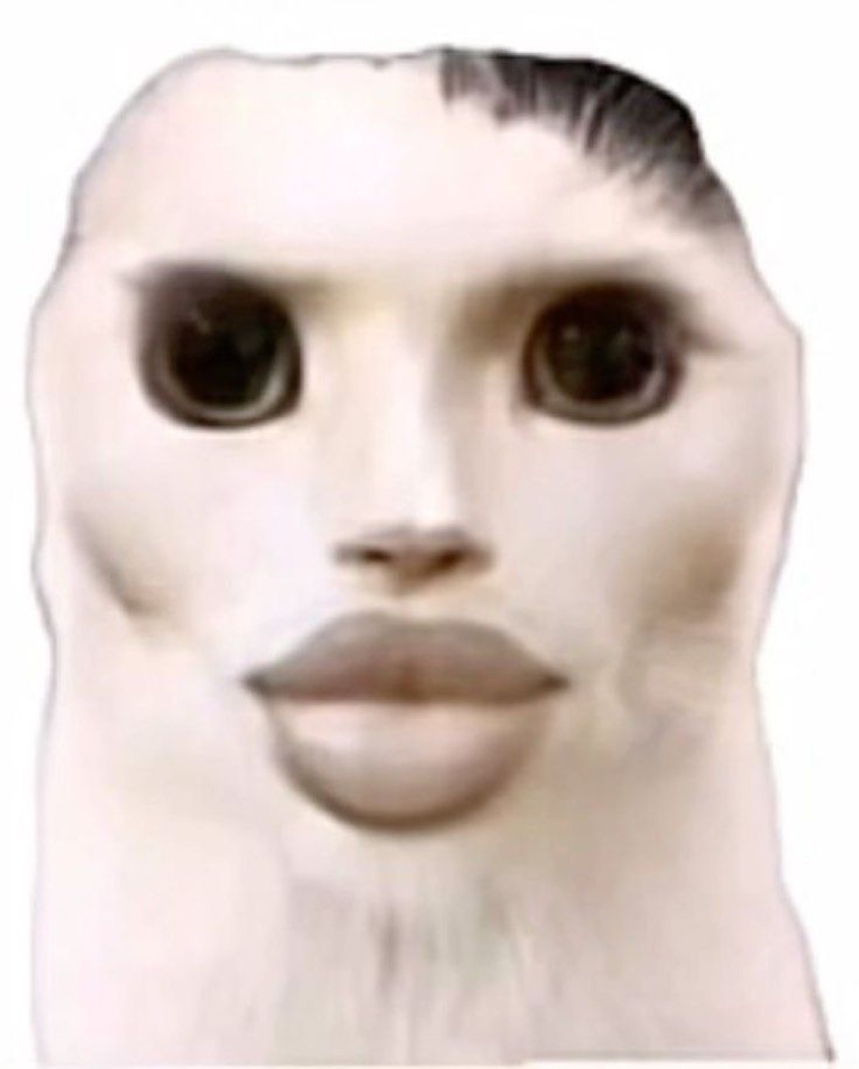 White furry creature with dark eyes and plump pursed lips