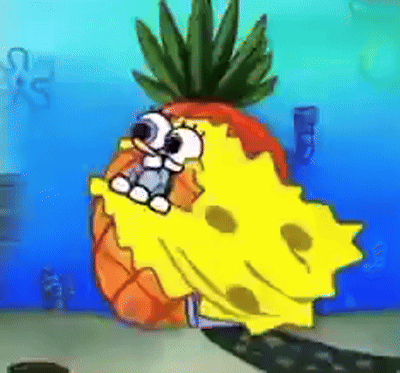 Distorted SpongeBob bursting out of his pineapple house screaming