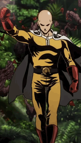 Saitama from One Punch Man in his hero suit walking out of a jungle