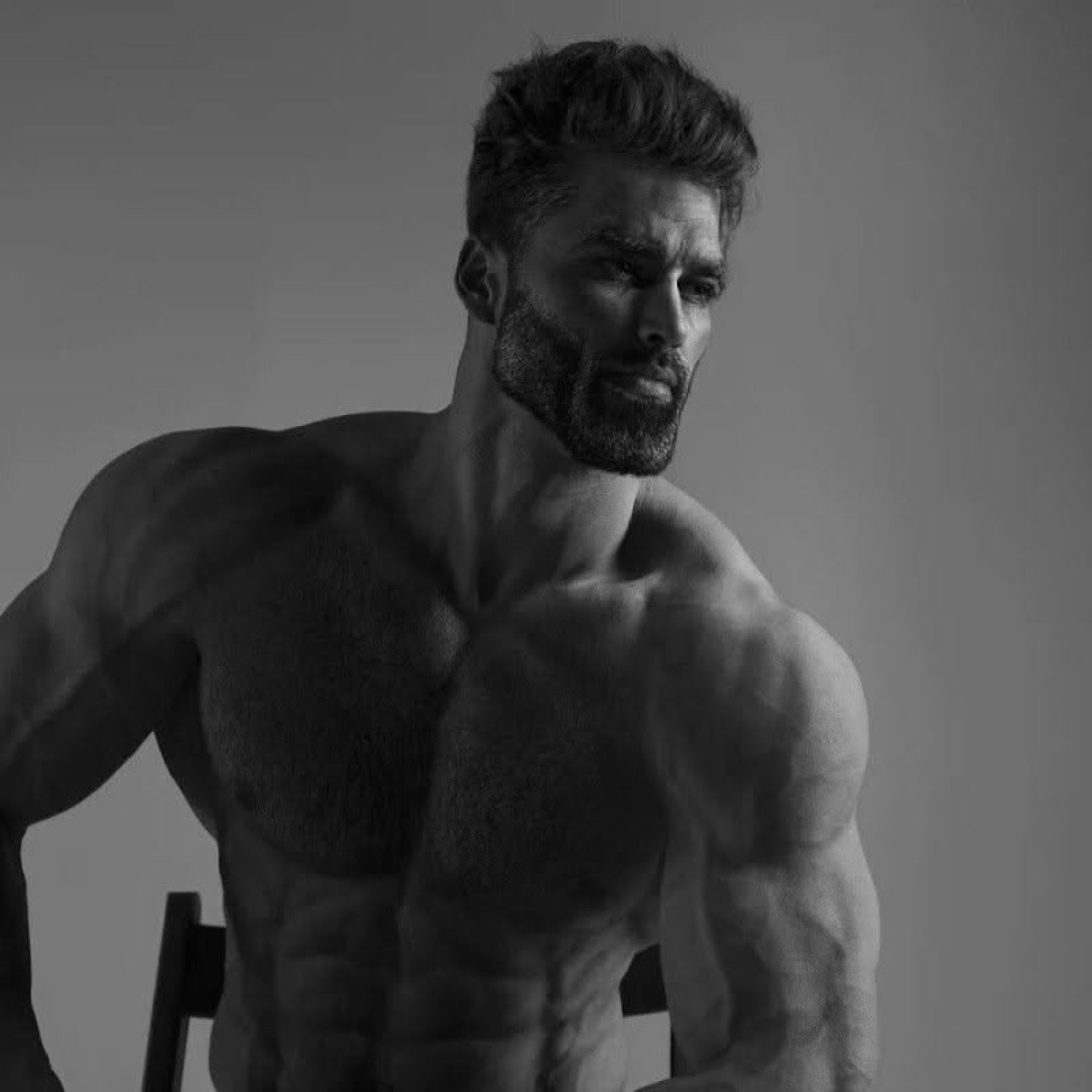 Classic Gigachad sitting shirtless in dramatic black and white