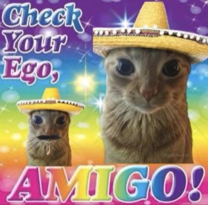 Two cats in sombreros staring you down captioned 'Check Your Ego, Amigo!'