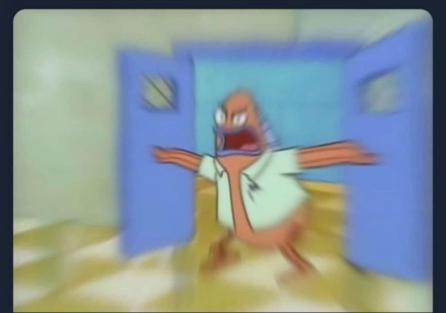 Cartoon fish bursting through double doors with arms flung wide