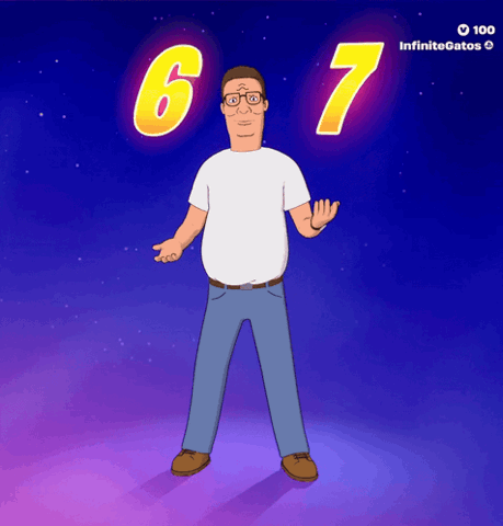 Hank Hill from King of the Hill standing in front of a glowing purple background with a big 6 7, the six seven meme