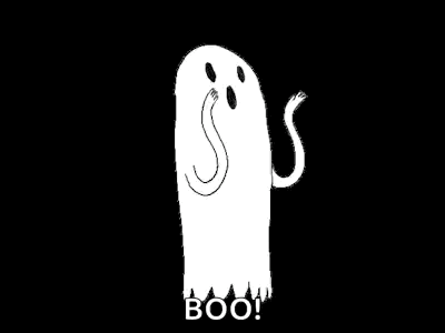 White cartoon ghost wiggling on a black background, "boo"