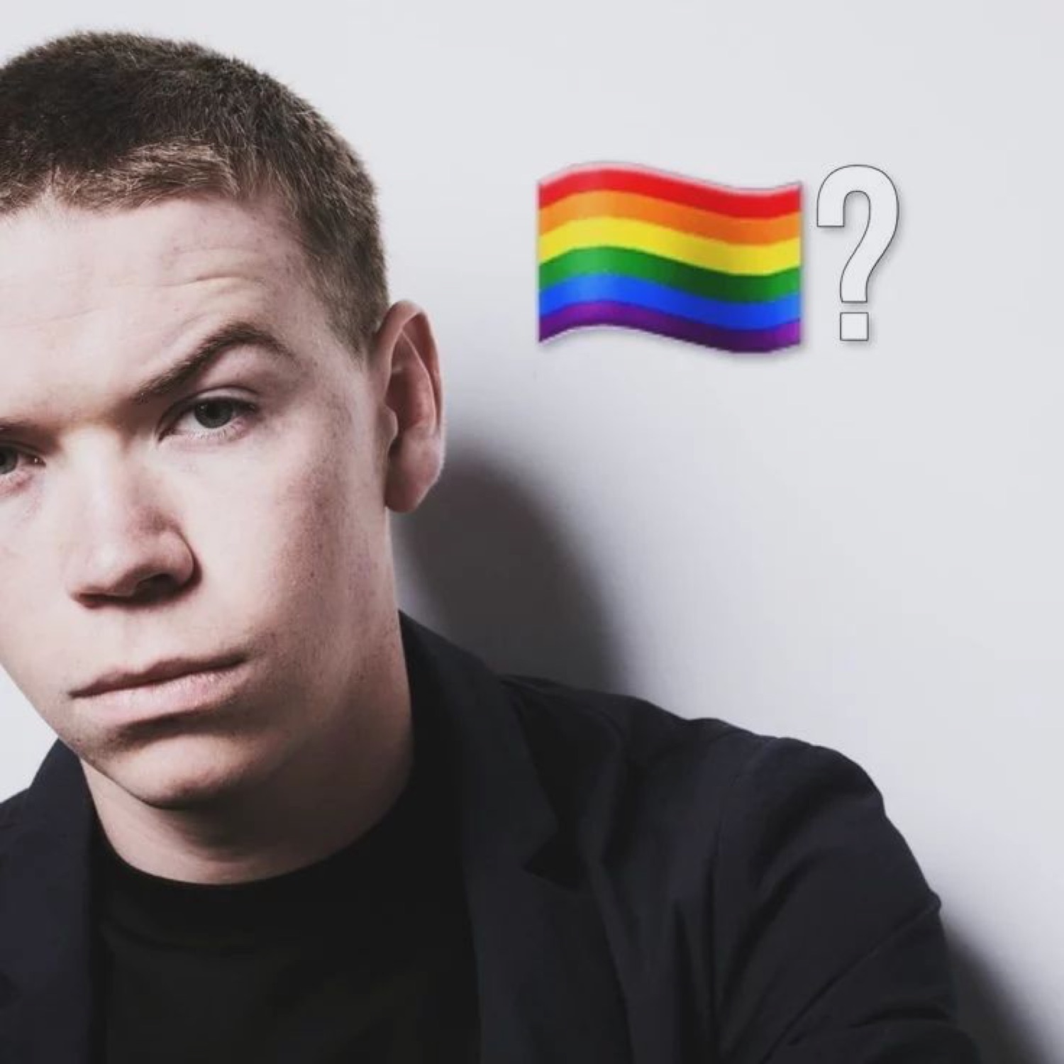 Young man with closely cropped hair giving a heavy side-eye next to a pride flag emoji and question mark