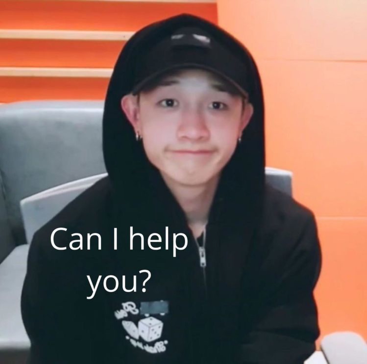Guy in a black hoodie and cap staring flatly captioned 'Can I help you?'