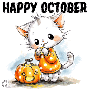 White kitten hugging a little pumpkin, "Happy October"