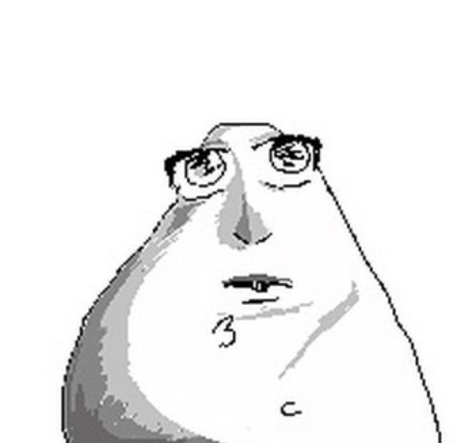 Grayscale scribbled blob face looking up and away with a totally unimpressed mouth