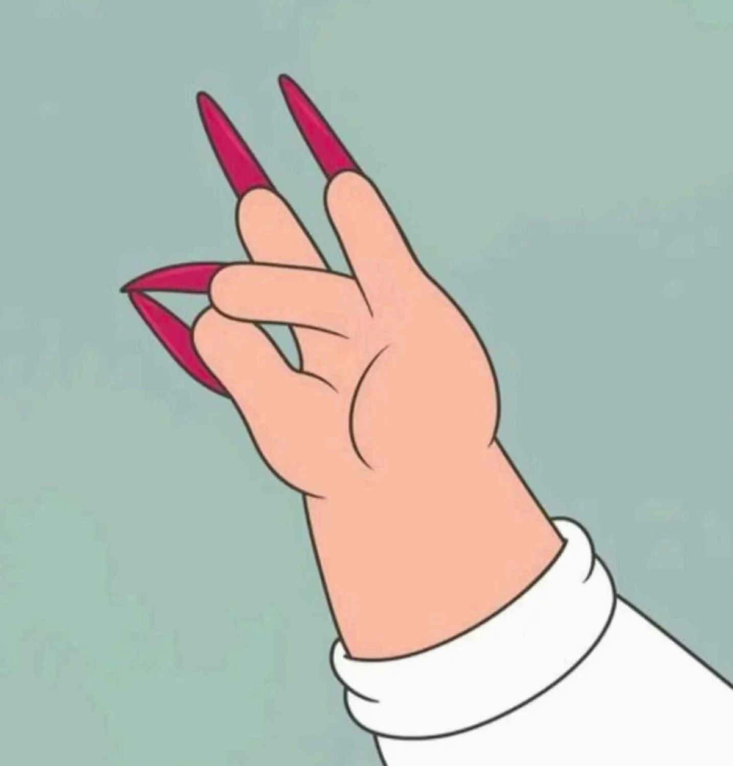 Cartoon hand with long red claw nails throwing up a peace sign