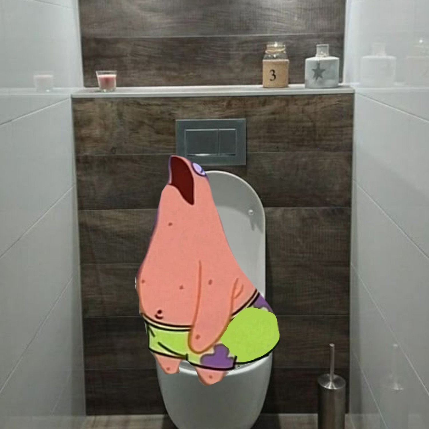 Patrick Star sitting on a wall-hung toilet