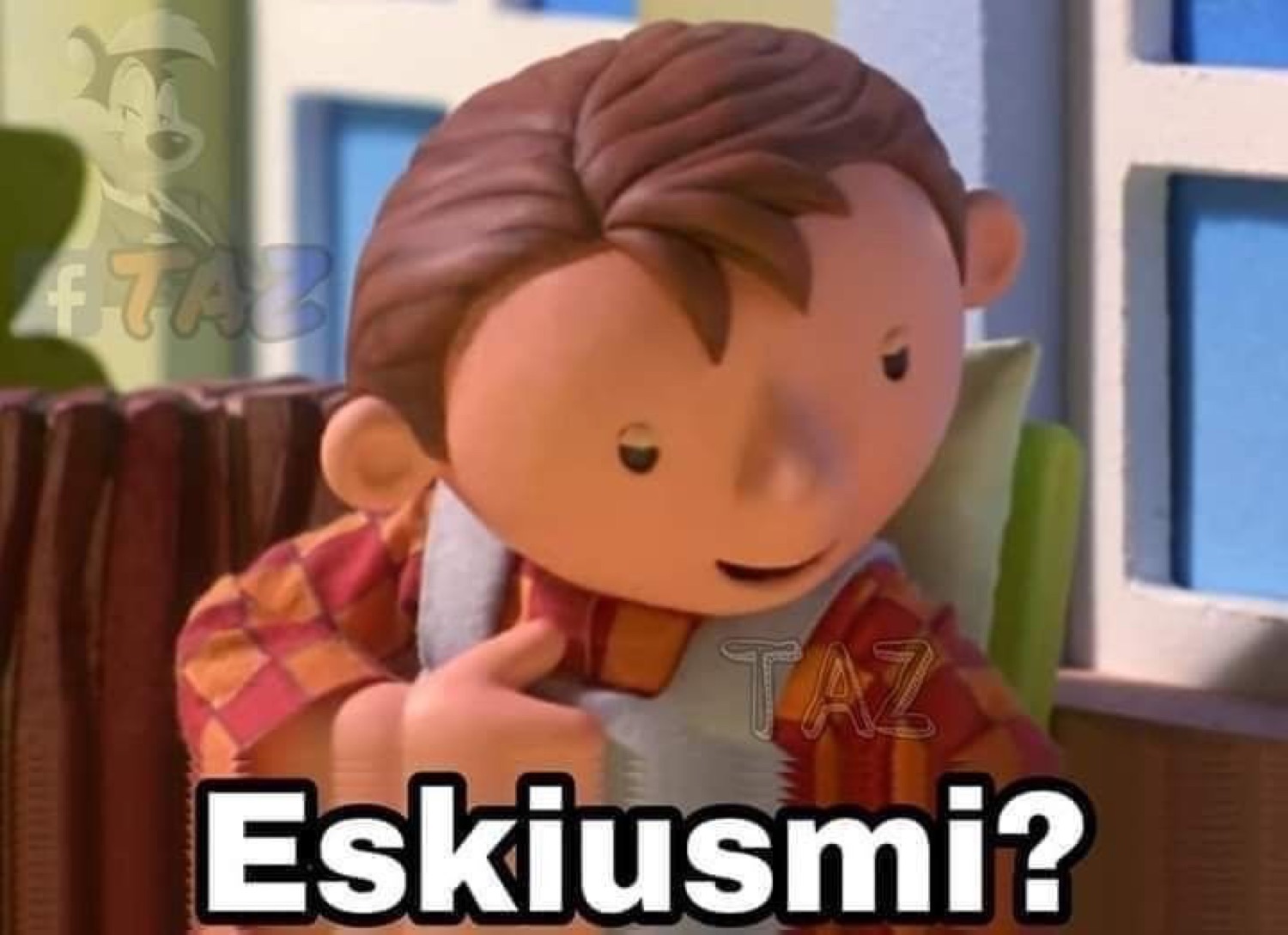 3D animated kid tilting his head with a shy 'Eskiusmi?' on screen
