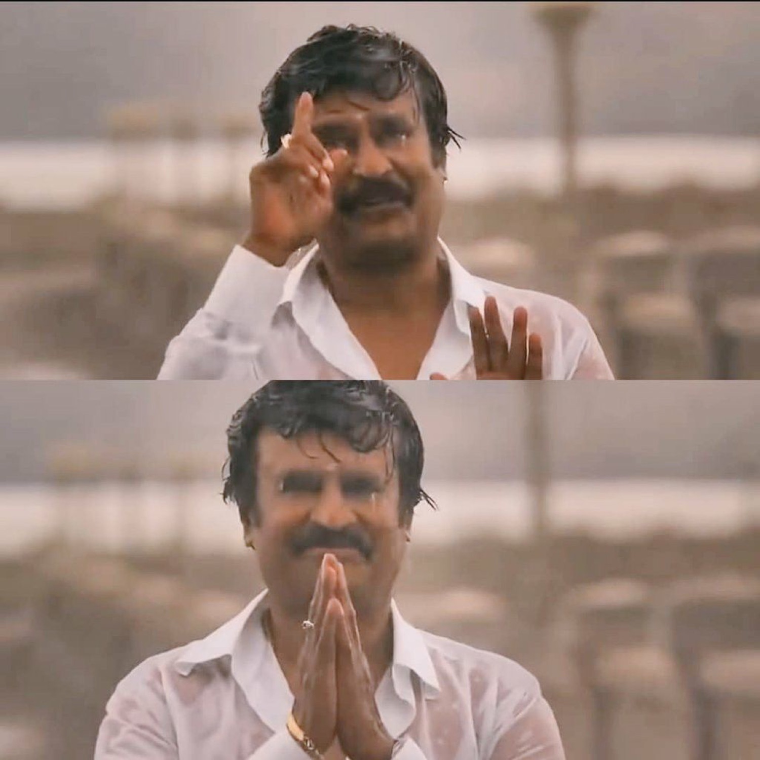 Rajinikanth two panels: pointing, then folding his hands in thanks