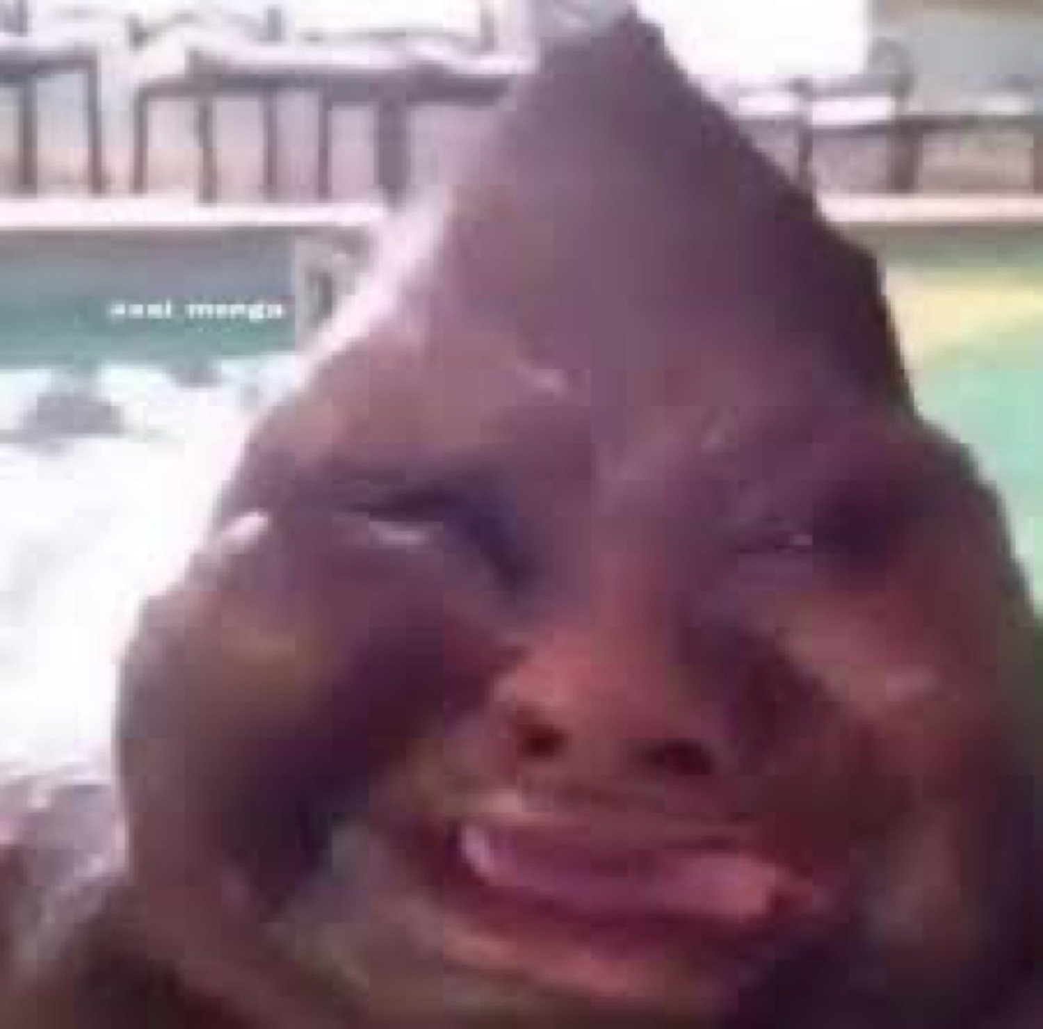 Person grinning with a warped fish-eye filter on their face by a pool