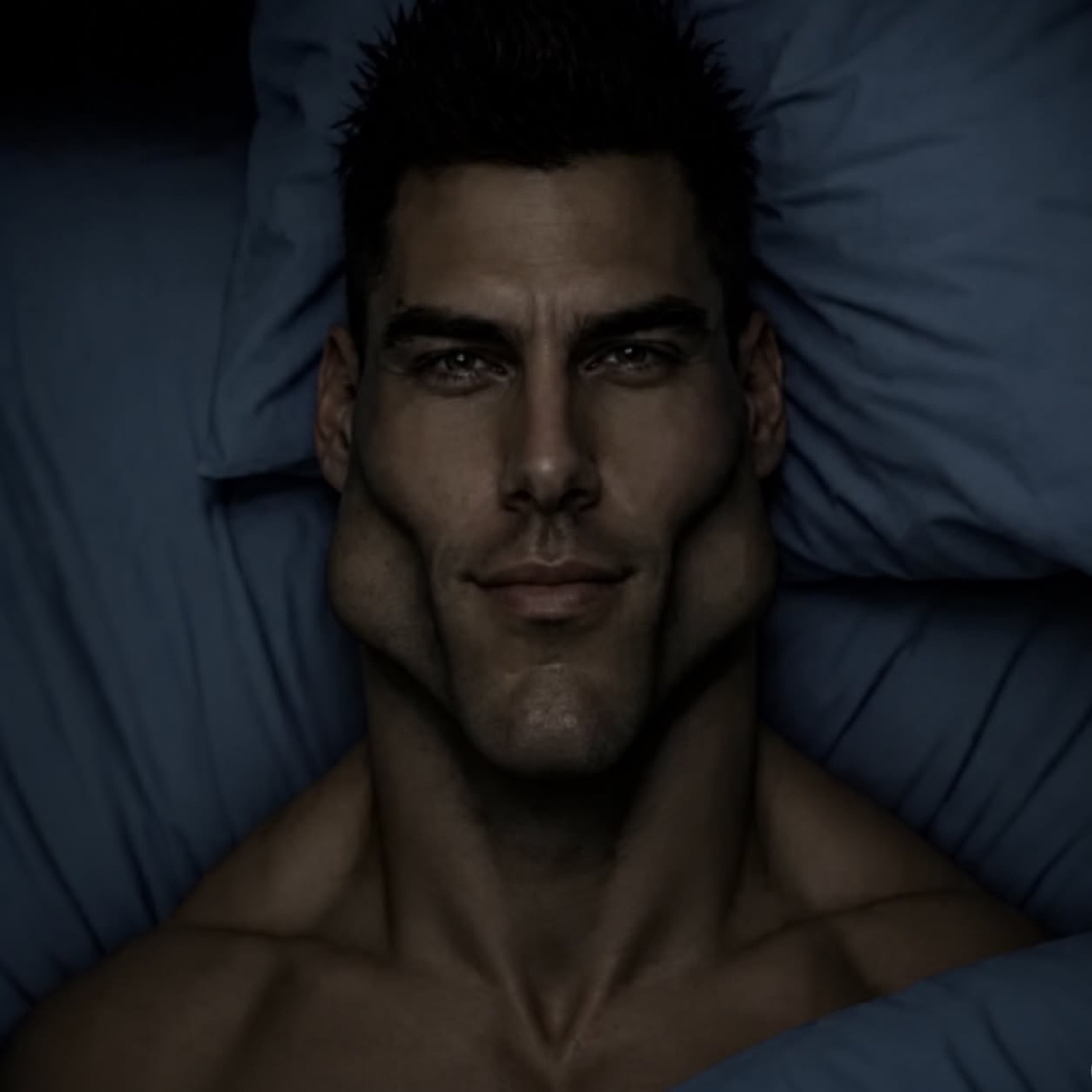 Chad face with a huge jaw lying in bed staring smugly