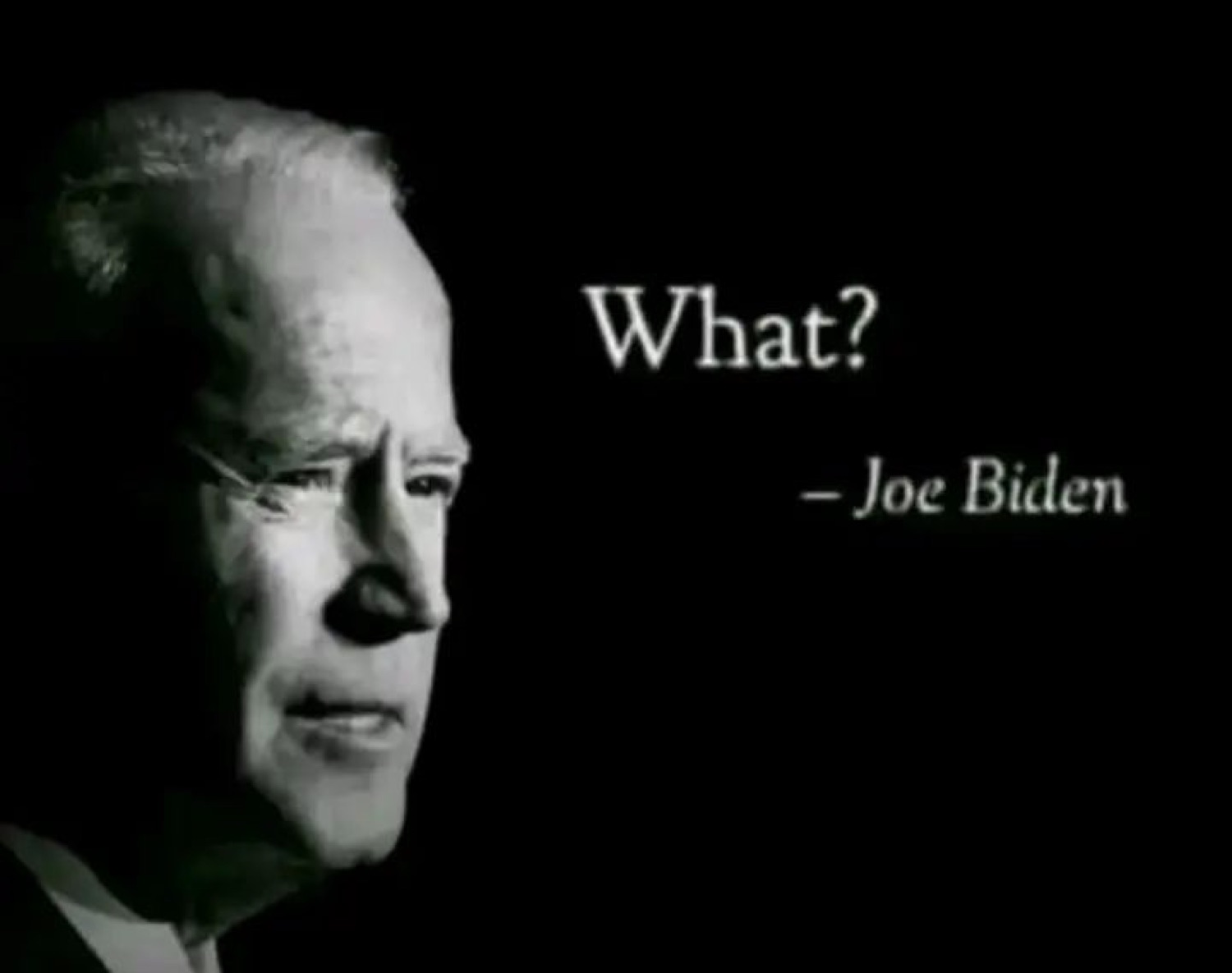 Black-and-white side profile of Joe Biden captioned with the quote 'What?'