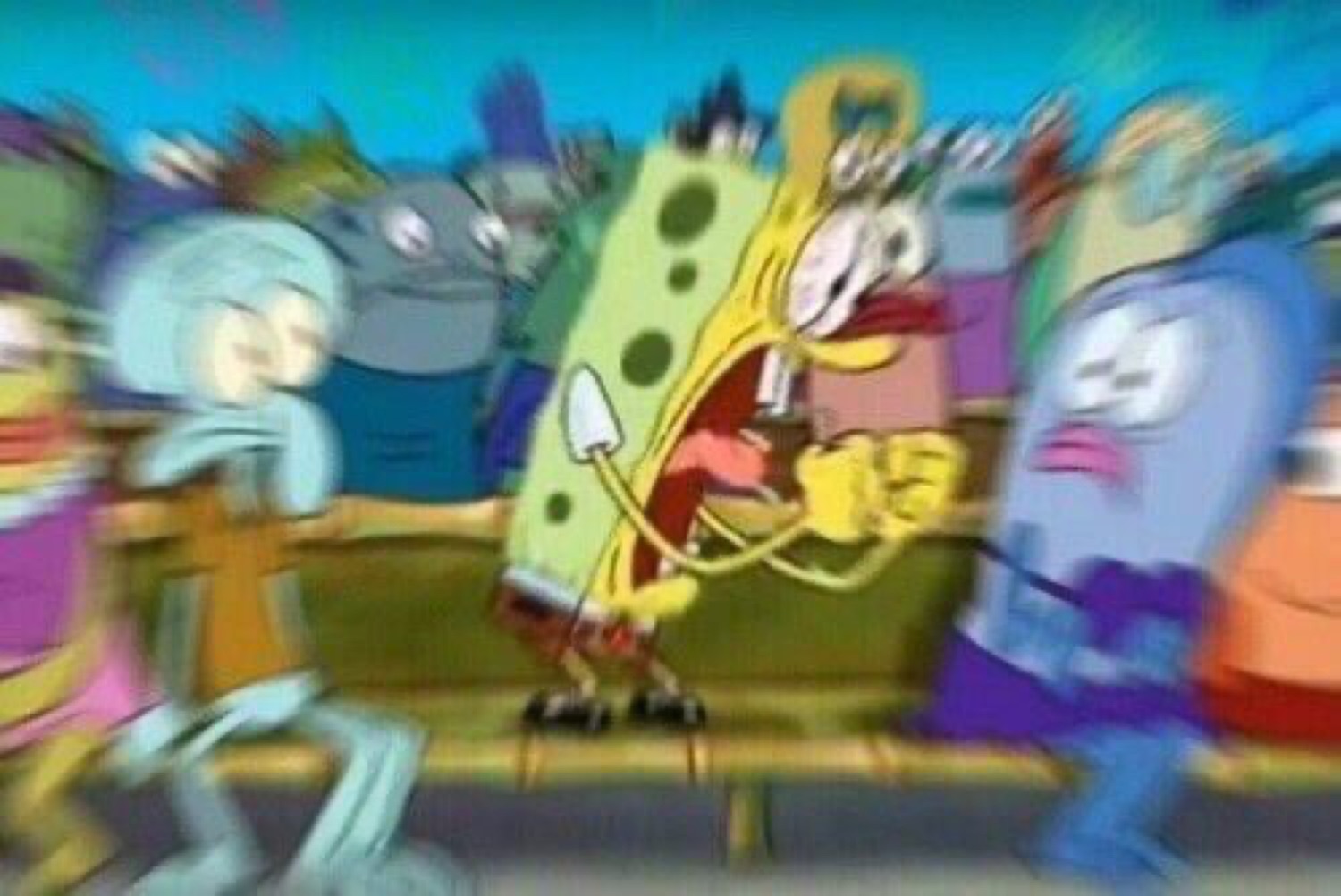SpongeBob absolutely losing it in a blurred frenzy with Squidward nearby looking unimpressed
