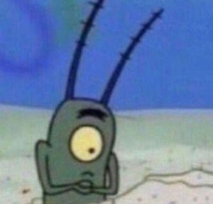 Plankton from SpongeBob standing on the seafloor with a vacant, dazed stare