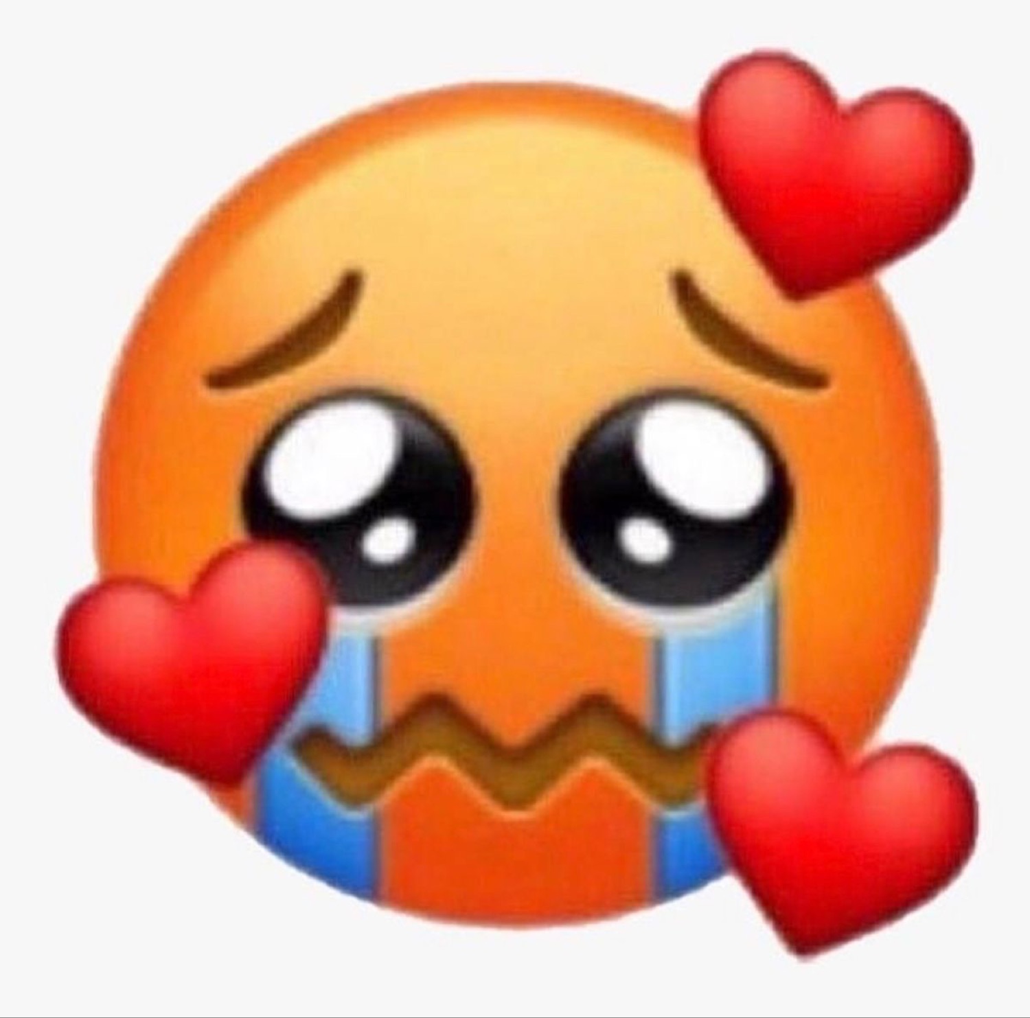 Teary-eyed emoji with a zigzag mouth surrounded by red hearts, holding back tears