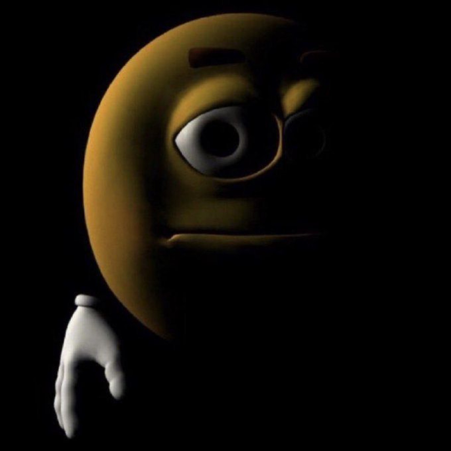 Cursed 3D emoji face lurking in the dark with a smug, side-eyeing expression