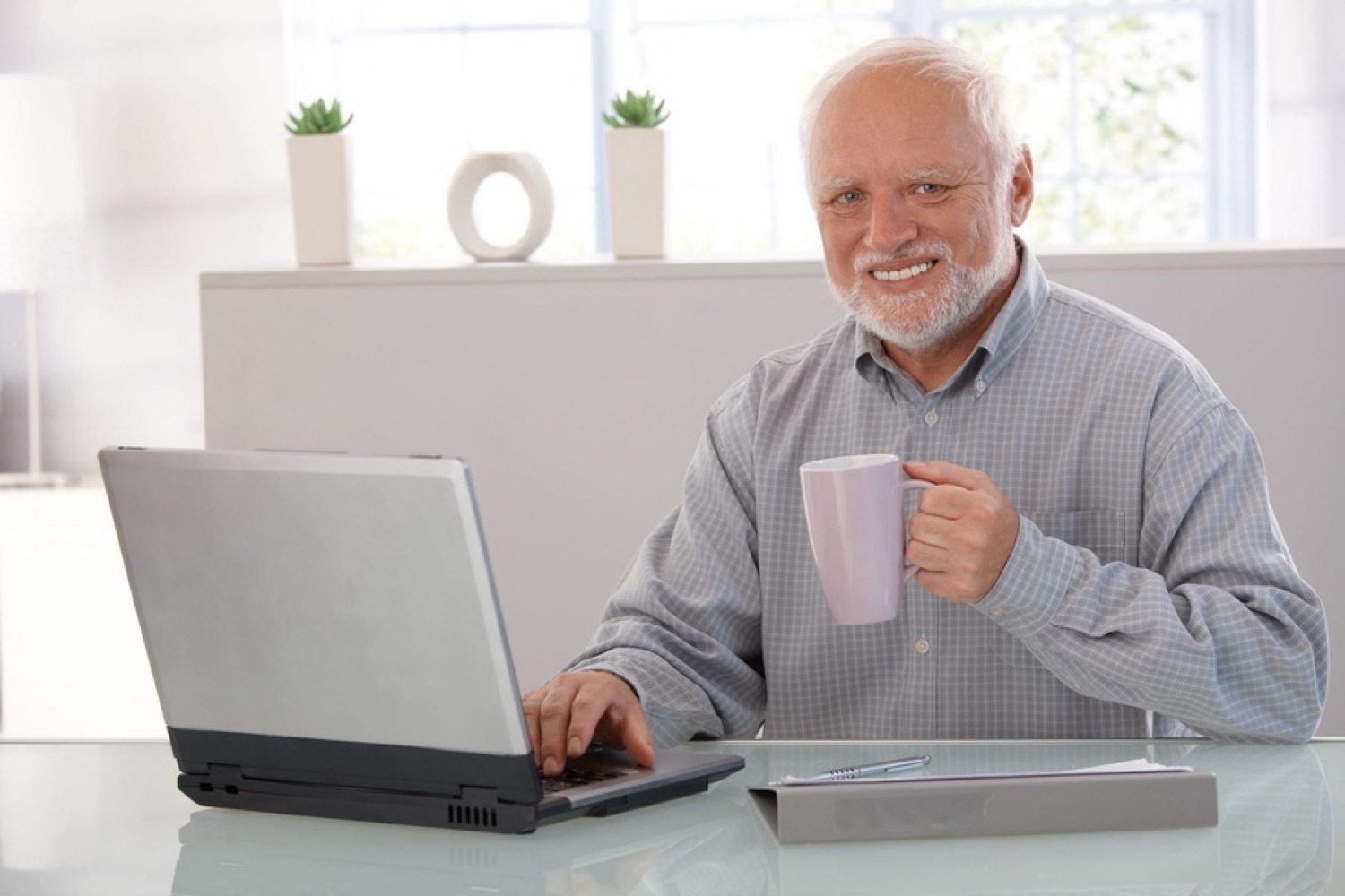 Hide the Pain Harold sitting at a laptop with a mug, smiling through the suffering