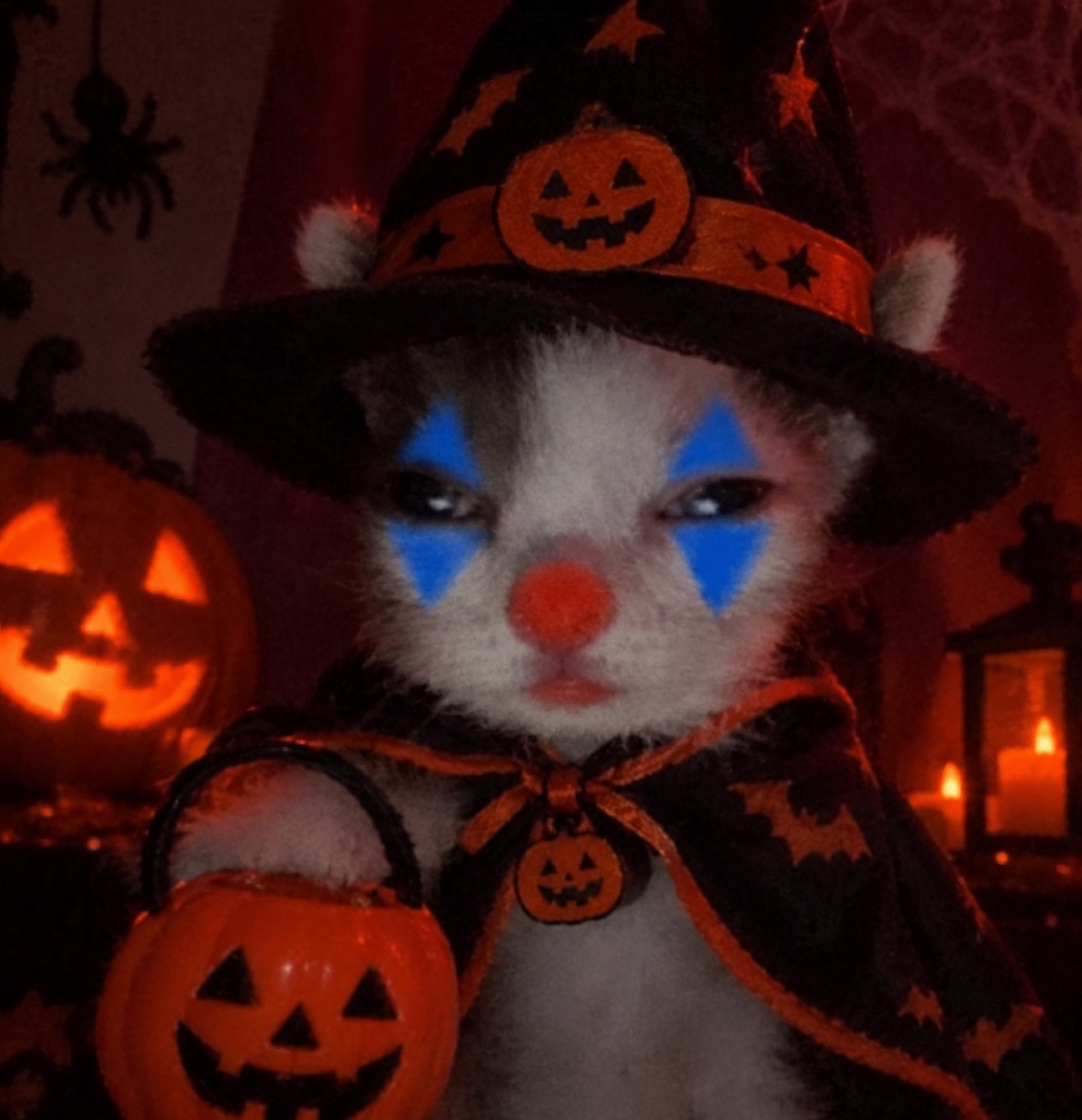 Kitten in clown face paint and a witch hat with a jack-o-lantern bucket, unamused
