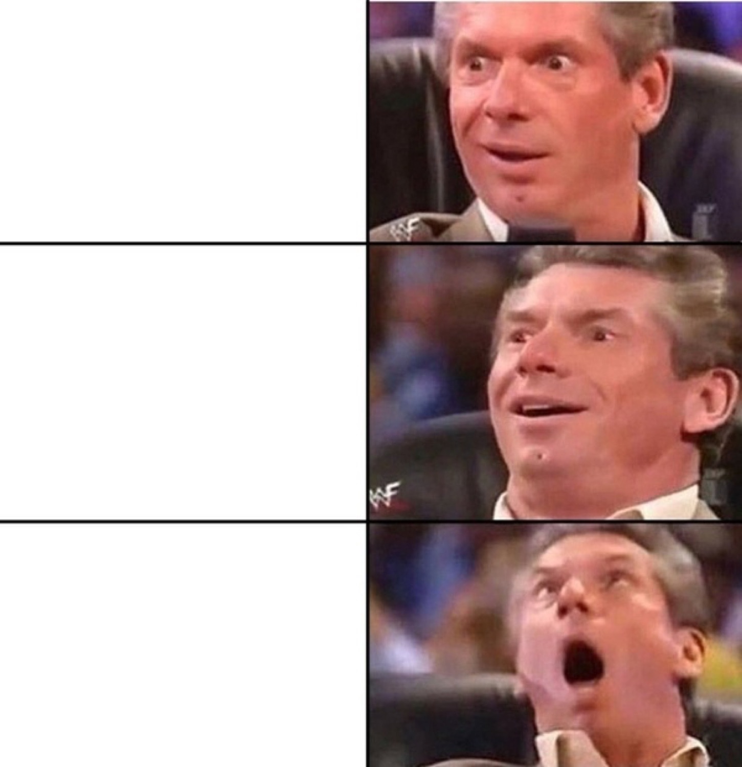Vince McMahon reacting in three stages: curious, impressed, then completely losing it