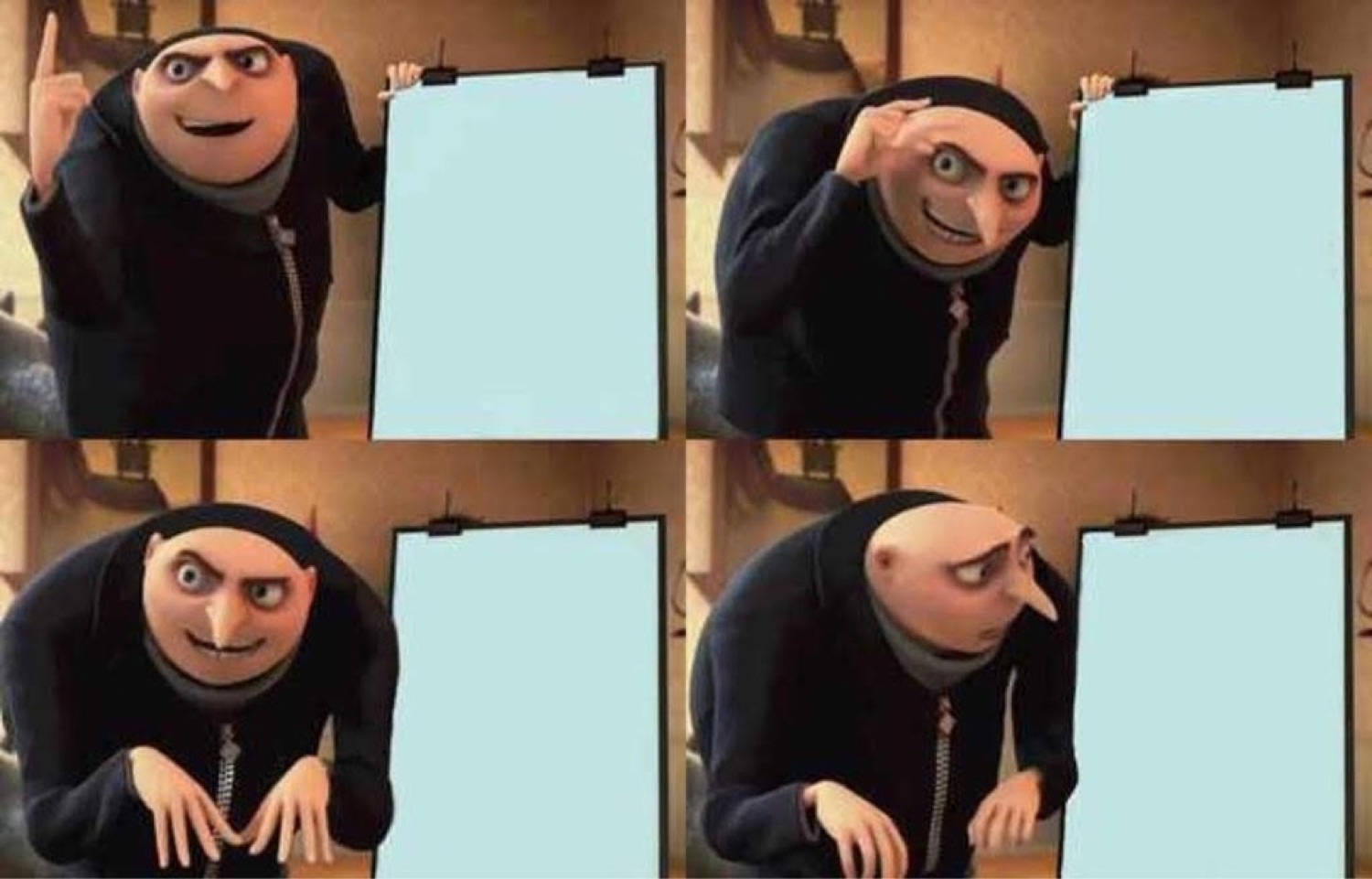 Gru presenting his blank four-panel plan, ready for whatever caption you add