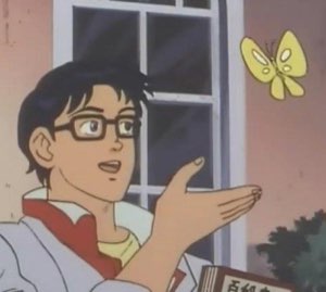 Anime man in glasses gesturing at a butterfly, from the 'is this a pigeon' meme