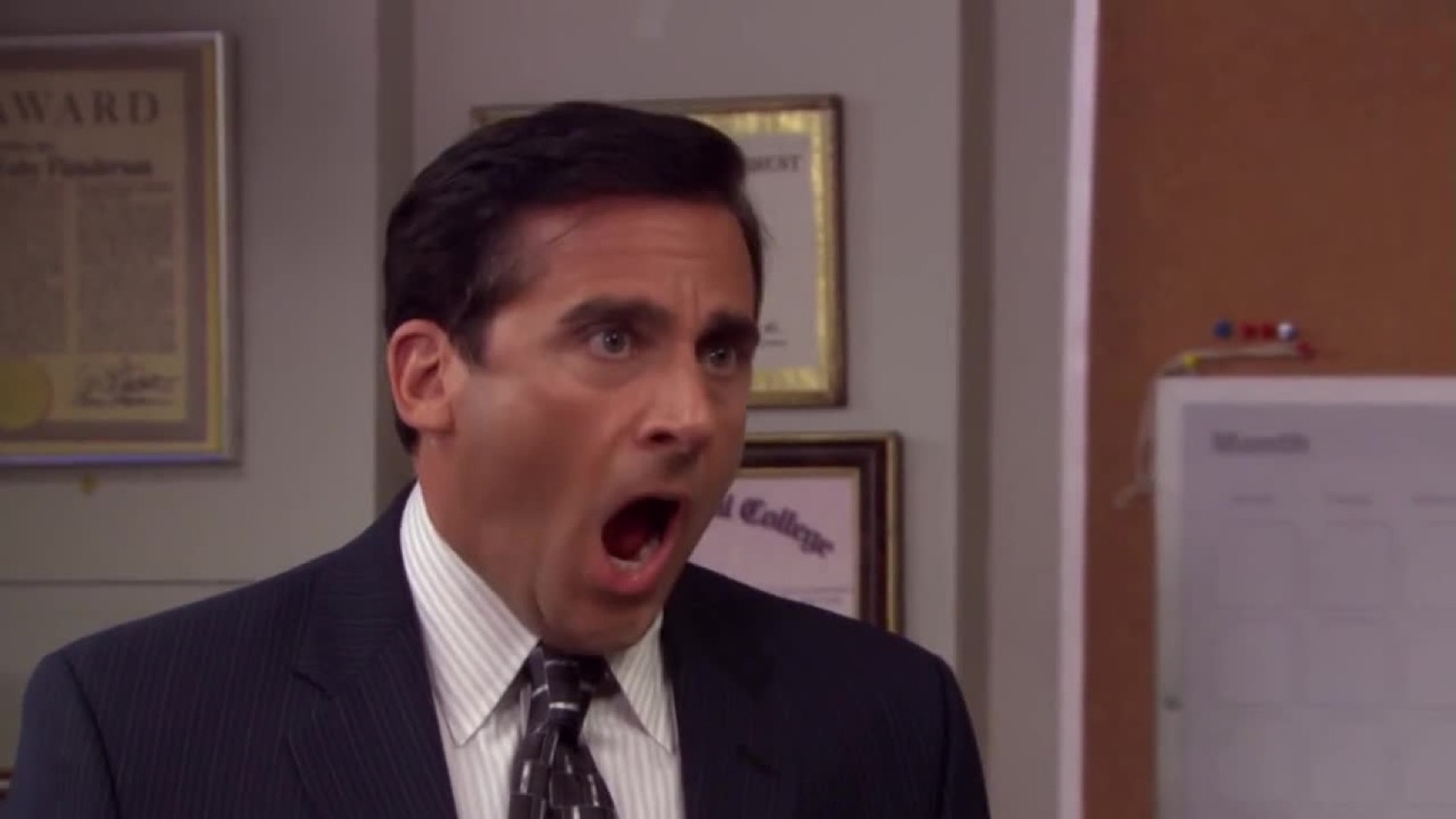 Michael Scott from The Office in a suit, mouth agape in exaggerated horror