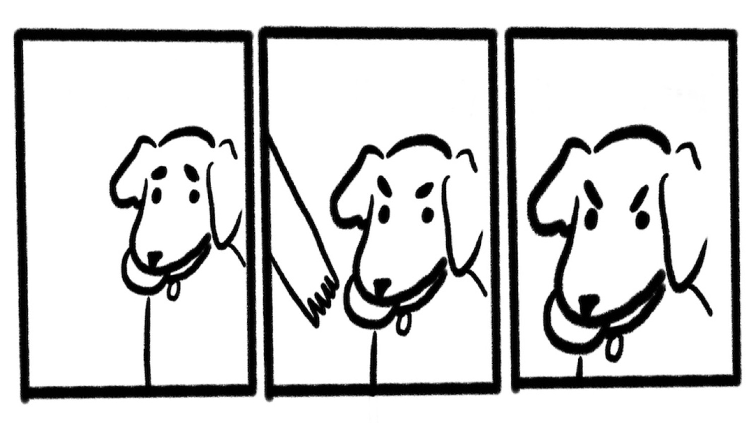 Three-panel comic dog going from neutral to suspicious side-eye as someone reaches in