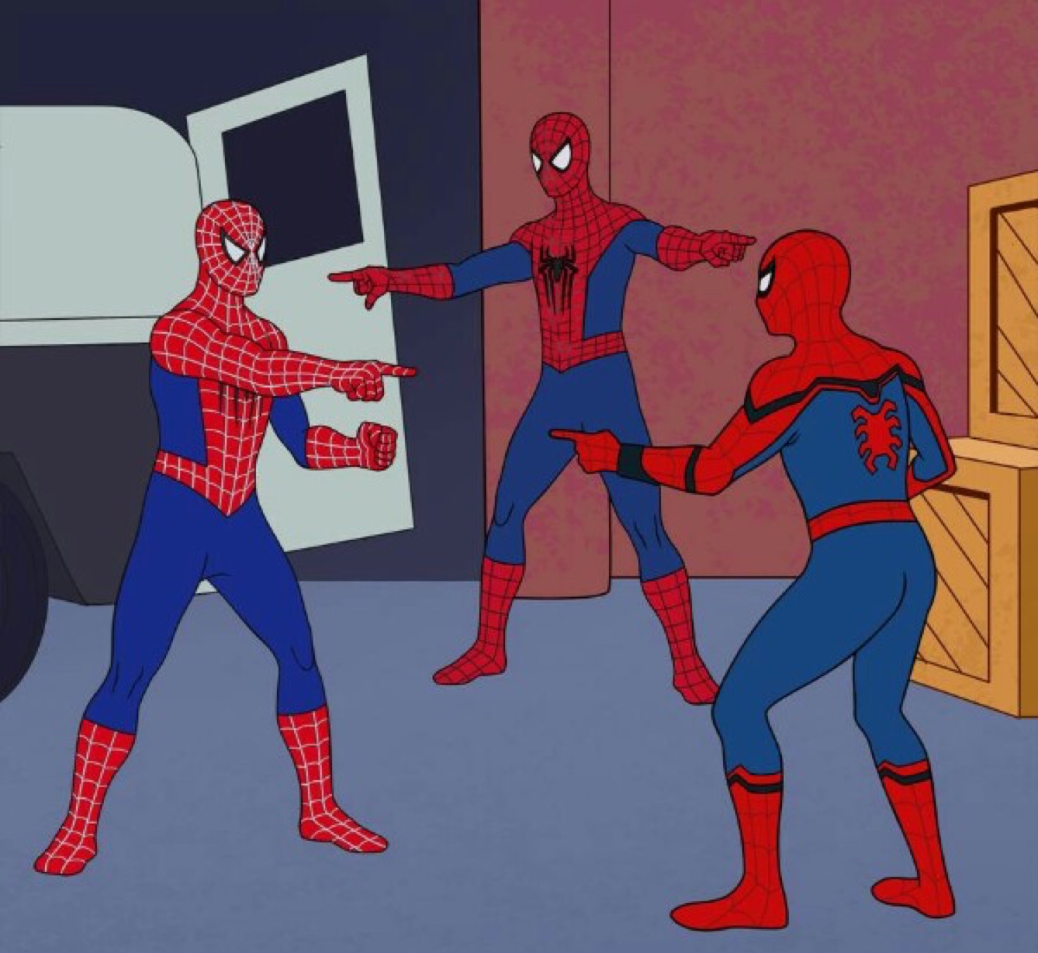 Three cartoon Spider-Men all pointing at each other, none of them sure who's who