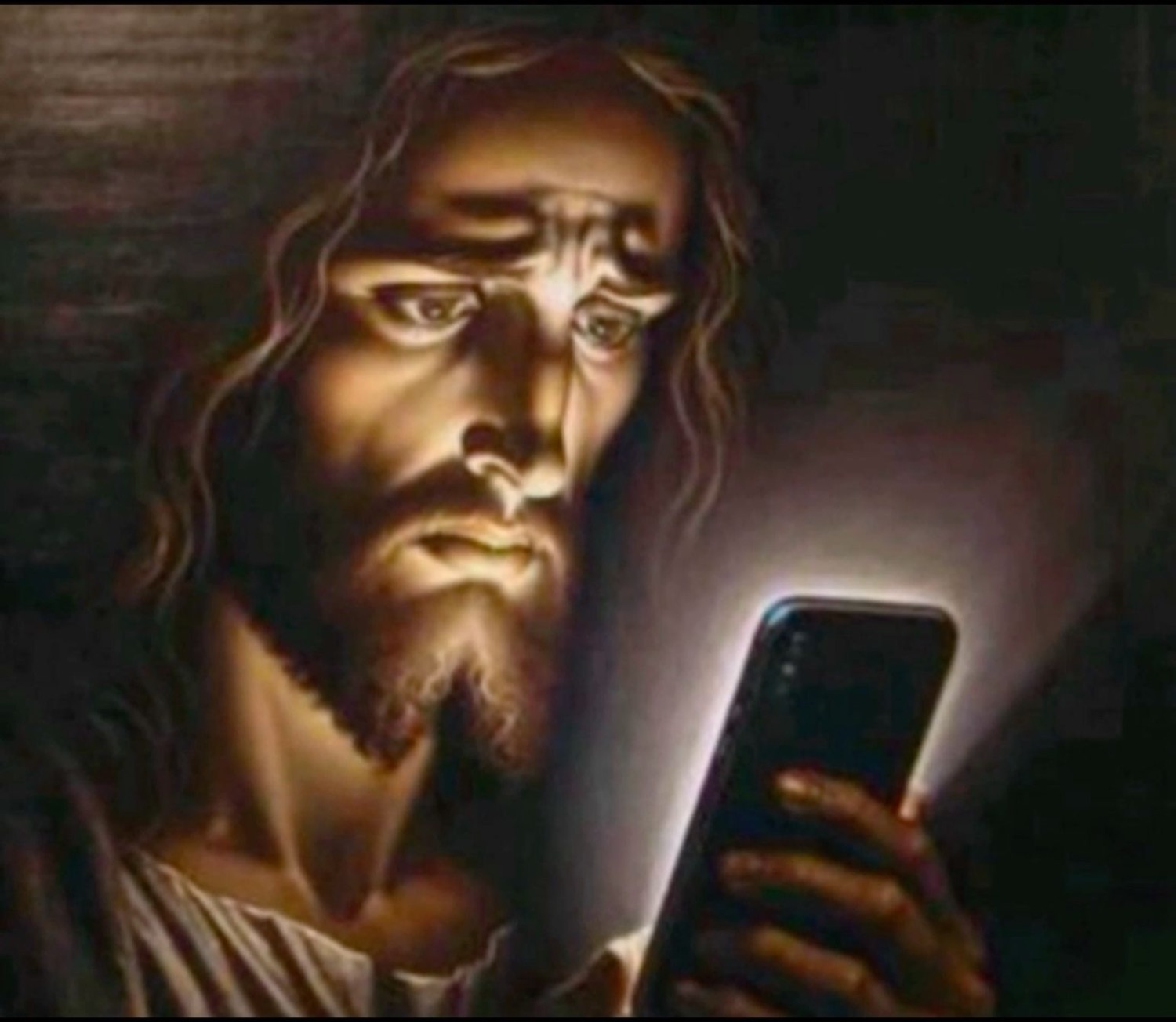 Painting of Jesus looking sadly at a phone