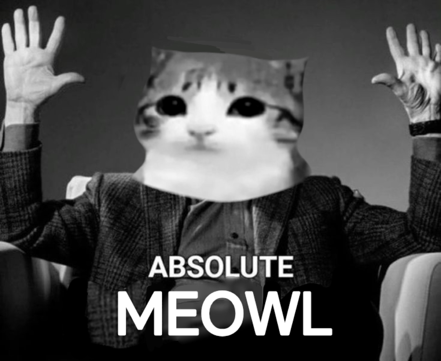 Cat head photoshopped onto a man throwing his hands up, captioned 'ABSOLUTE MEOWL'