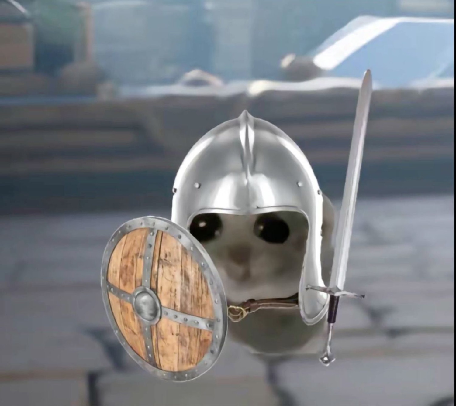 Cat face peeking out of a steel helmet with a round shield and sword