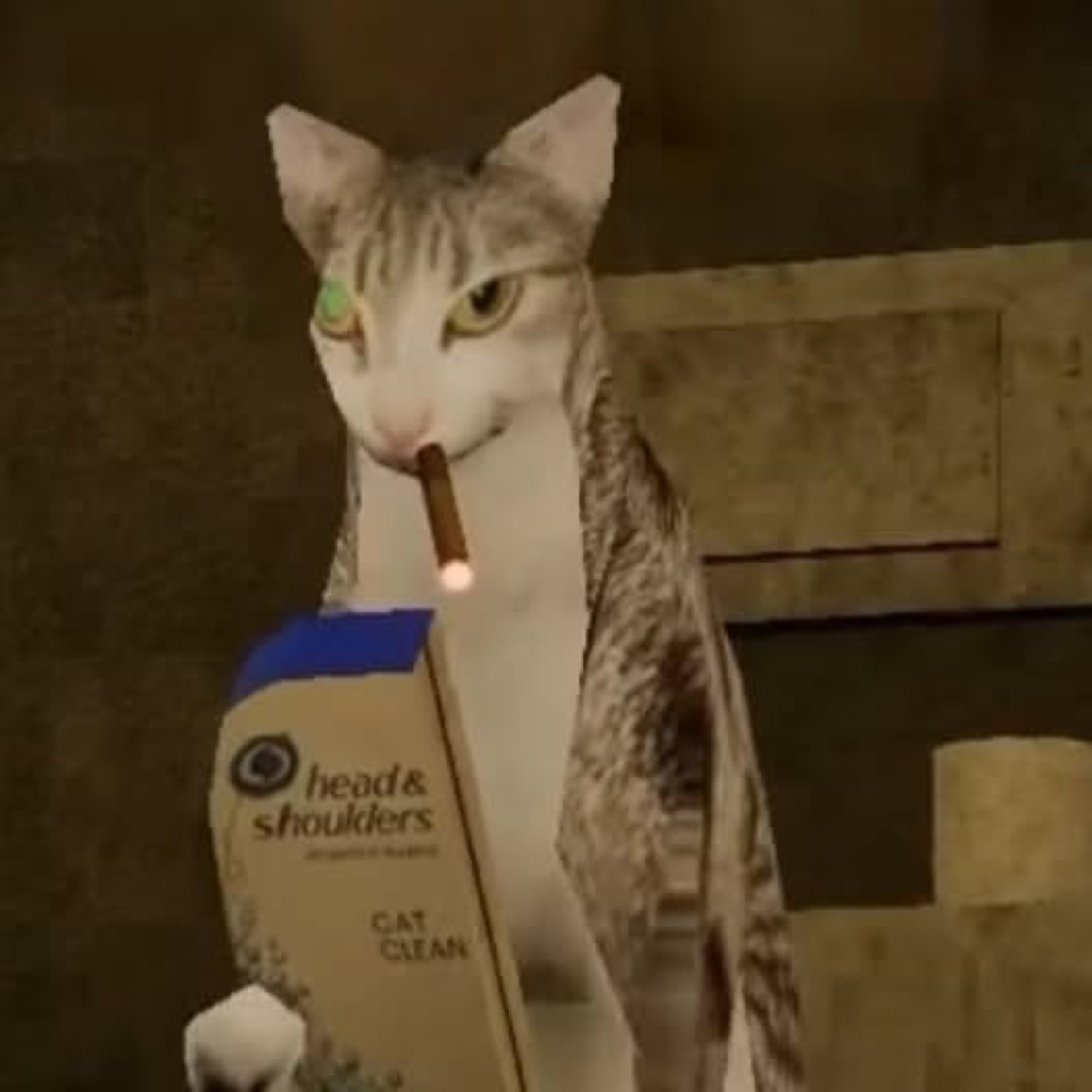 Photoshopped cat smoking a cigarette and holding a Head & Shoulders 'Cat Clean' bottle