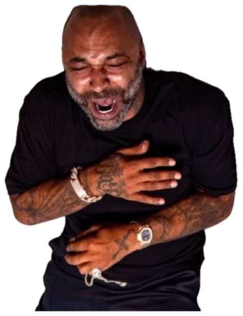 Bald tattooed man slumped against a wall clutching his chest, dying laughing sticker