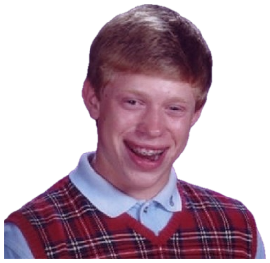 Bad Luck Brian's yearbook photo, grinning awkwardly with braces and a plaid vest sticker