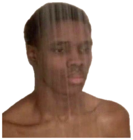 Young man standing behind shower glass with a completely blank, thousand-yard stare sticker