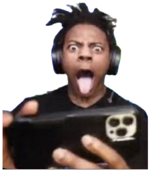 Streamer in headphones with bulging eyes and tongue out, phone shoved at the camera sticker