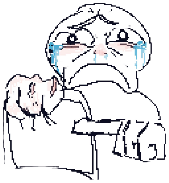 Pixelated cartoon character crying at a desk, tears streaming, totally defeated sticker